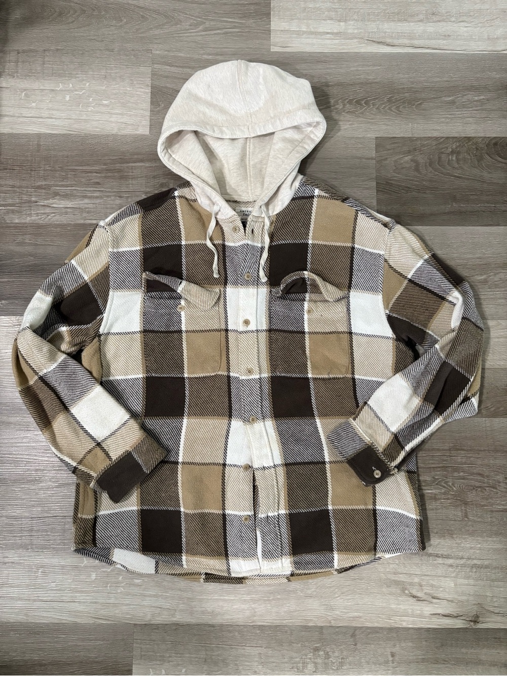 American Eagle Plaid Hooded Button-Up Shacket in Beige, Brown & Cream